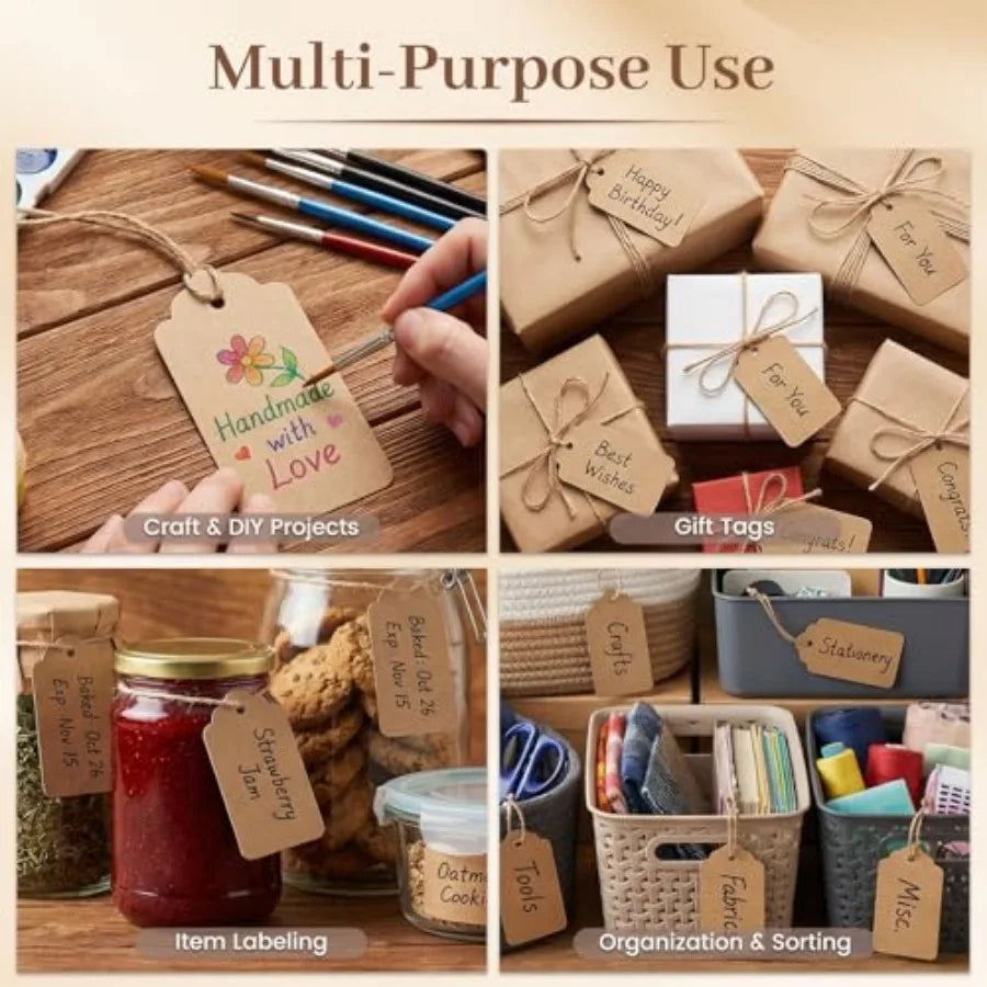 100pcs Gift Tags with String Attached, 1.7 x 2.8 inch Kraft Paper Hang Tags for Clothes DIY Crafts Wedding Holiday Brown